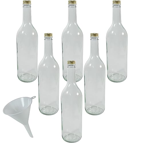 Viva Haushaltswaren - 6 x Glasflasche 750 ml mit goldfarbenem Schraubverschluss, Flasche zum Befüllen als Weinflasche, Likörflasche, Schnapsflasche etc. verwendbar (inkl. Trichter Ø 9 cm)