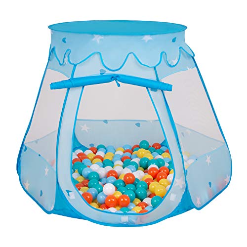 Selonis Baby Spielzelt Mit Plastikbällen Bällebad Zelt Plastikkugel Kinder, Blau:Weiß-Gelb-Orange-Babyblau-Türkis,105X90cm/600 Bälle