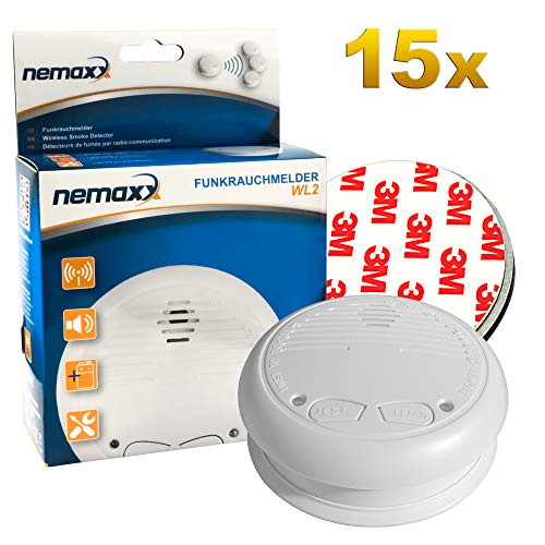 15x Nemaxx WL2 Funkrauchmelder Rauchmelder Brandmelder Set Funk koppelbar vernetzt - nach EN 14604 + 15x Nemaxx NX1 Quickfix Magnetbefestigung