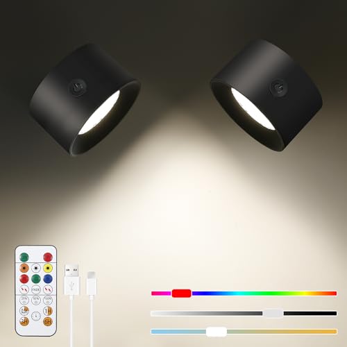 Comius Sharp LED Wandleuchte 2 Stück, RGB Wandlampe ohne stromanschluss mit 3 Helligkeitsstufen und 16 Farbe, 360° Drehbarer Wandleuchte Akku für Wohnzimmer Schlafzimmer Flur Kabellose Wandleuchten