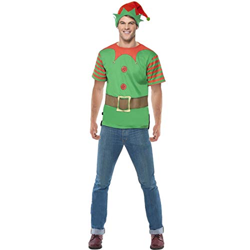 Amakando Originelles Kobold-Kostüm für Herren/Grün-Rot/Troll-Kostüm mit Oberteil & Hut/Perfekt geeignet zu Weihnachtsfeier & Kostümfest