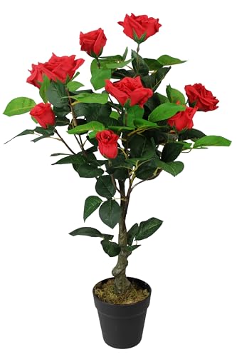Arnusa Künstlicher Rosenstock Rosenstamm 75 cm Rot mit 12 Rosen und 114 Blätter Kunstrose künstliche Rose Kunstpflanze Pflanze im Topf
