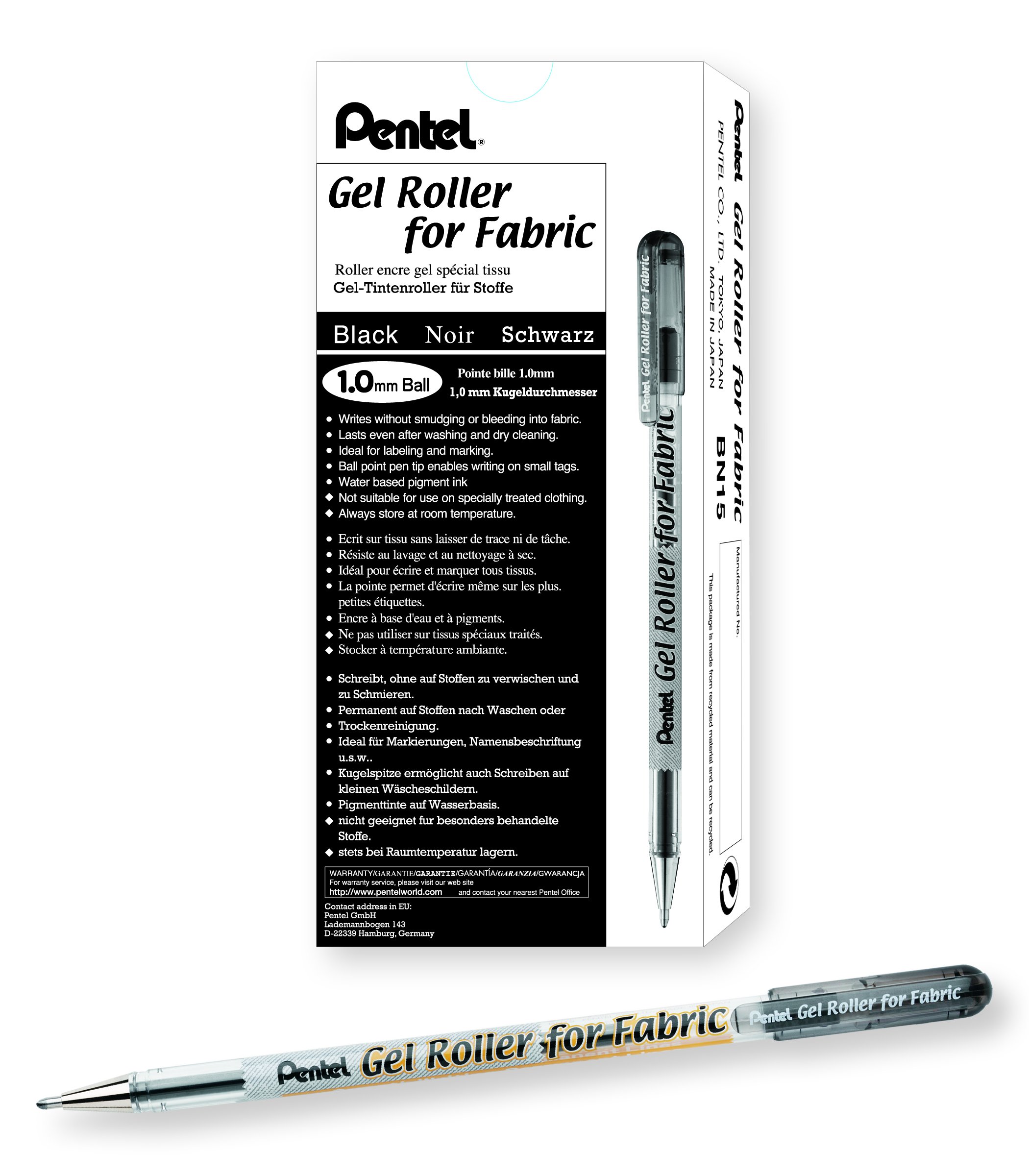 Pentel BN15-A BN15 Gel-Tintenroller für Textilien, Kugeldurchmesser 1,0 mm Strichstärke 0,5 mm, 12 Stück, schwarz