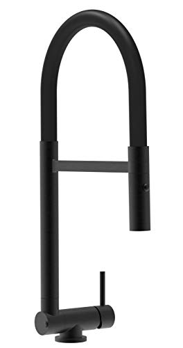 Chrom schwarz matt Küchenmischer mit schwarz schwenkbarem Auslauf und abnehmbarer 2 strahl Handbrause - Gesamthoehe nur 4,5 cm