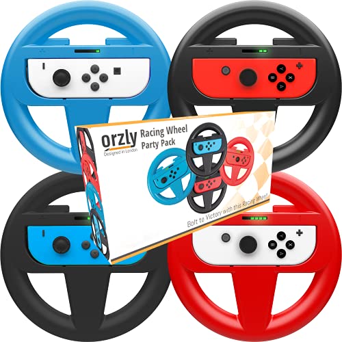 Orzly Lenkrad Vier Pack für Mariokart Nintendo Switch Version - Steering Wheel Zubehörset beinhaltet 4X Lenkrad Aufsatz Nur (1x BLAU + 1x ROT + 2X SCHWARZ) (Konsole und Joy-Cons Nicht enthalten)