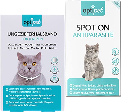 OptiPet Spot On für Katzen 6x1ml, 6 Monate Schutz + Ungezieferhalsband, wasserfest, Sicherheitsverschluss gegen Milben, flöhe, Zecken, Läuse