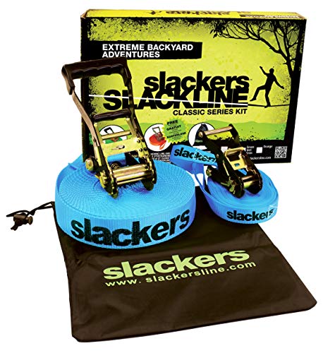 Slackers USA Slackline Classic 15m, Set mit zusätzlicher Teaching Line, Handlauf zum leichten Erlernen, Ratschenschutz, Anleitung, Tasche, ideal für Kinder und Familie, 980010