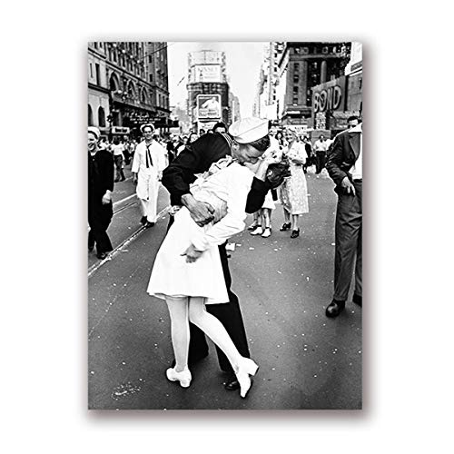 Tag in Times Square Poster drucken Kuss Wandkunst Leinwand Malerei schwarz weiß Wandbild, für Schlafzimmer Home Decoration Kein Rahmen (Size : 60x80 cm No Frame)