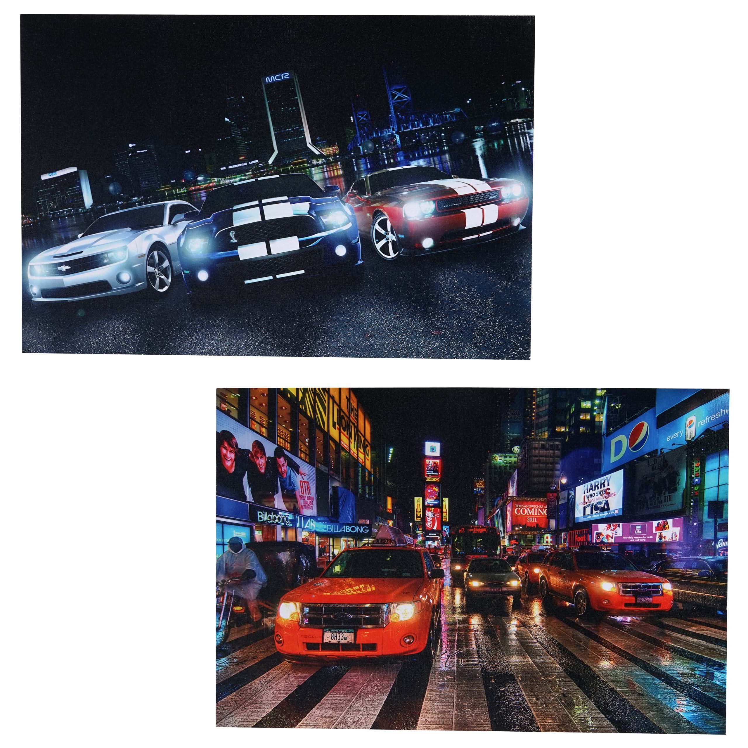 Mendler 2er-Set LED-Bild Leinwandbild Leuchtbild Wandbild 40x60cm, Timer - Cars