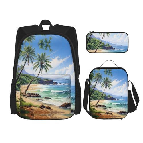 DRTGEDS Hawaiianischer Strand mit Palmen, Rucksack mit Lunchbox, 3-in-1-Set mit Federmäppchen, Rucksack mit großem Fassungsvermögen und Brustgurt