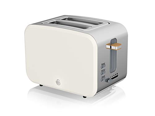 Swan Nordic Breitschlitz-Toaster mit 2 Scheiben, 3 Funktionen, 6 Bräunungsstufen, modernes Design, Edelstahl, Griff in Holzoptik, weiß matt