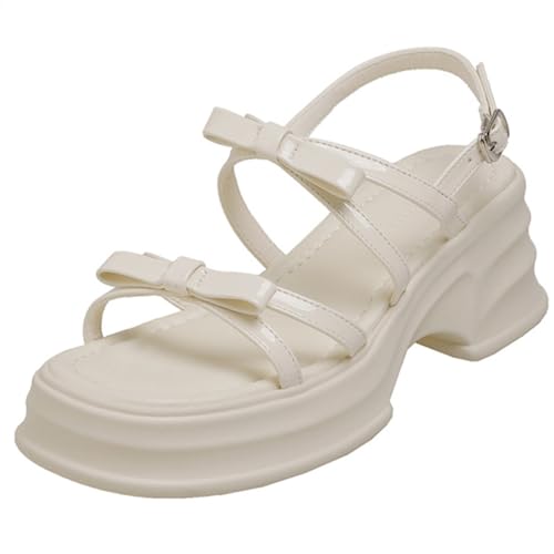 NEOFEN Damen-Sandalen mit Plateau-Absatz, Riemchen, offener Zehenbereich, Slip-On, modisch, sexy Kleid, niedliche Schleife, rückenfrei, High Heels (Color : White, Size : 39 EU)