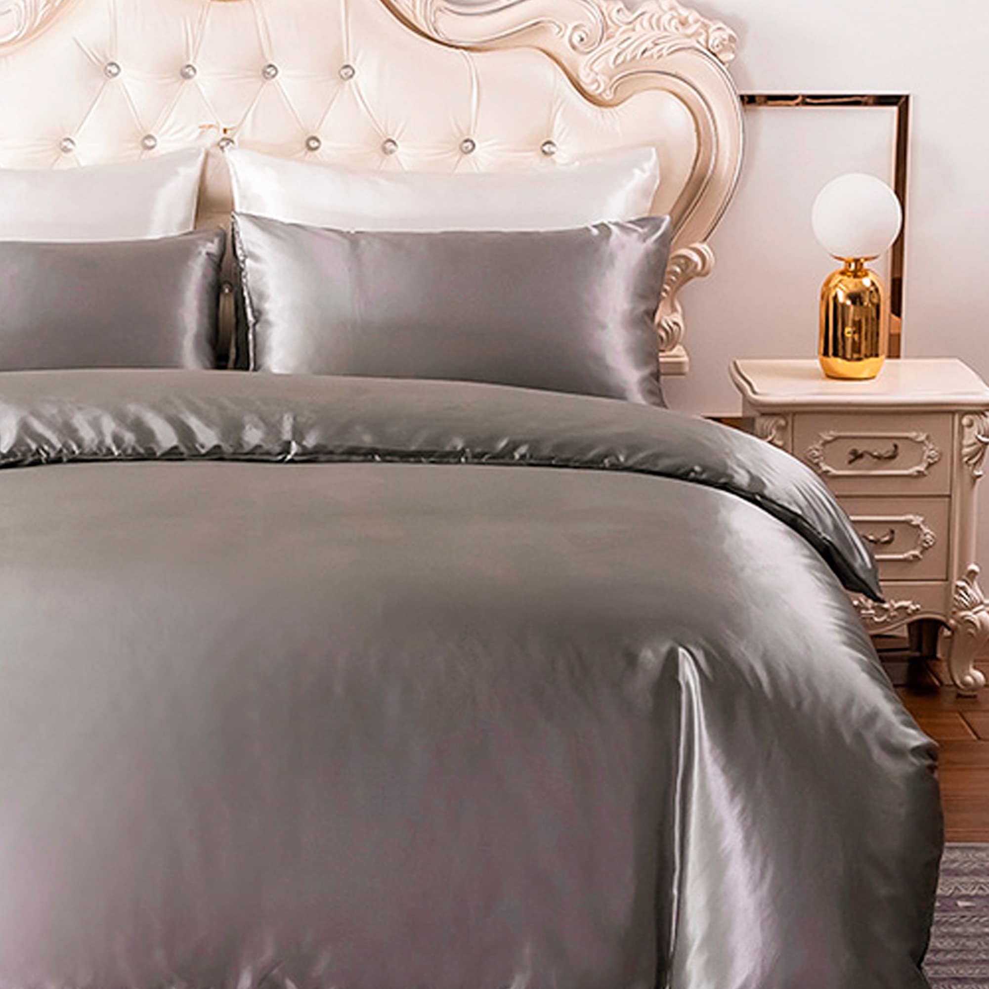 HYSENM Satin Bettwäsche 220 x 230 cm Seide Luxus Bettbezug Set Microfaser Bettbezug+ 2 Kissenhülle 50 x 70 cm einfarbig glatt bequem elegant, Grau