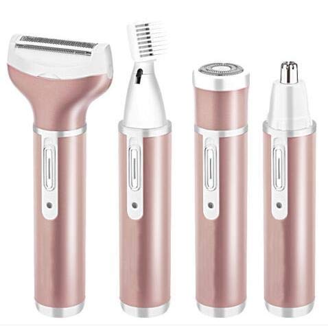 4 IN 1 Elektro-Rasierer für Damen, Haarentferner-Set schmerzfrei Epiliergerät USB aufladbar mit 4 abnehmbaren Aufsätzen für Bikini-Trimmer/Nasenhaarschneider/Augenbraue-Shaper/Body Shaver