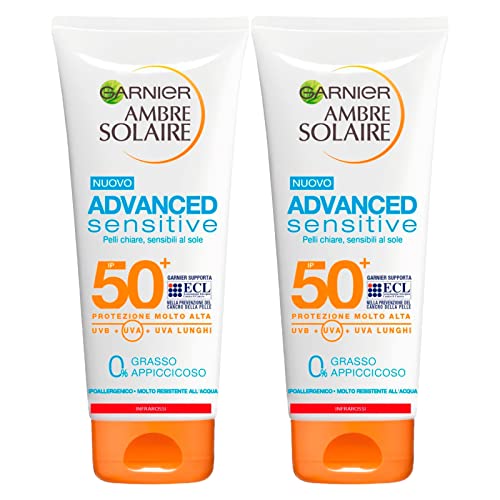 2 x Garnier Ambre Solaire Advanced Sensitive Schutzmilch mit LSF 50+, ohne Parfüm, für empfindliche Haut, sehr hoher UVA-, UVB-Schutz, wasserfest, 2 Flaschen à 200 ml