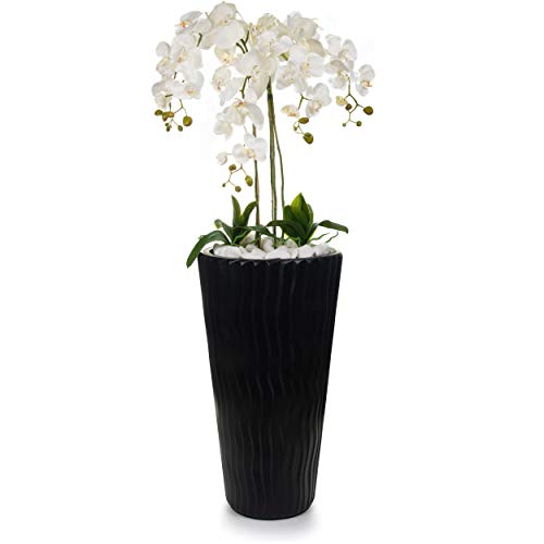 Gesteck künstliche Orchideen in schwarzem Hochübertopf - Gesamthöhe: ca. 140cm | Stoffblüten | Farbe: Weiß | Gesteck Orchidee Kunstpflanze Schmuck Blumen Arrangement Kunstblumen