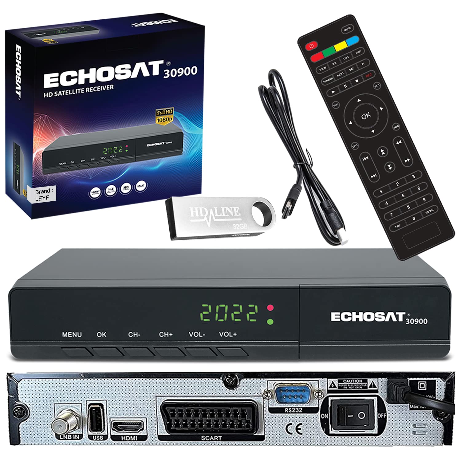 Echosat & Leyf 30900 Digital Satelliten Receiver - DVB-S/DVB-S2- Digitaler Sat Receiver - Full HD 1080p - HD Kabel + Speicherstick [Vorprogrammiert für Astra, Hotbird und Türksat]