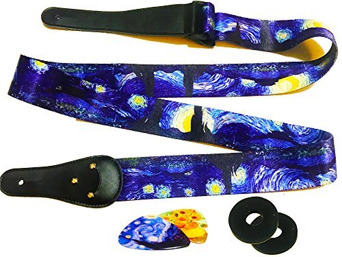 Art Tribute Van Gogh Sternennacht GitarrenGurt Set inklusive 2 Gurten & 2 passenden Plektren. Verstellbarer Polyester Gitarren Gurt – Geeignet für Bass, Elektrische & Westerngitarre.