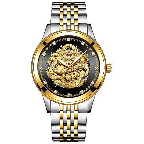Armbanduhren,3D Dragon Herrenuhr Goldrhinestoneuhr Automatische Mechanische Leuchtuhr, Goldschwarzes Zifferblatt