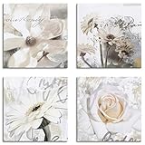 ARTLAND Blumenbilder Leinwandbilder Set 4tlg. je 20x20 cm Quadratisch Wandbilder Natur Blumen Weiß Magnolie Gerberas Rosen in Buchstaben K2UD