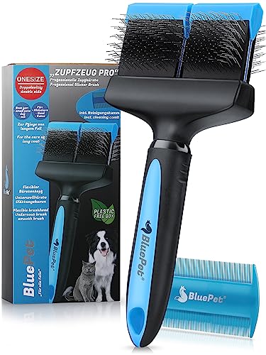 BluePet® Professionelle ZupfZeug Hundebürste Katzenbürste für Langhaar - ZupfZeug Zupfbürste entfernt Unterwolle