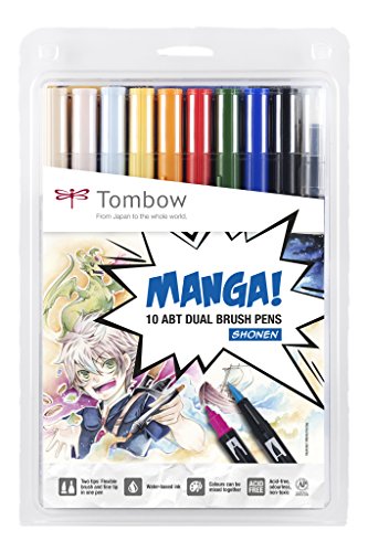 Tombow ABT-10C-MANGA1 Fasermaler, Dual Brush Pen mit zwei Spitzen, 10-er Manga Set Shonen