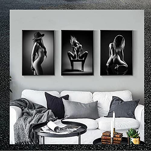 CloudShang Mode Schwarz Sexy Frauen Poster nackt Body Gemälde Bild Körper Wanddeko Moderne Wohnzimmer Badezimmer Wanddekor Cuadros Leinwand Frauen Gemälde Bild H25052, 30x40cmx3/Innerer Rahmen