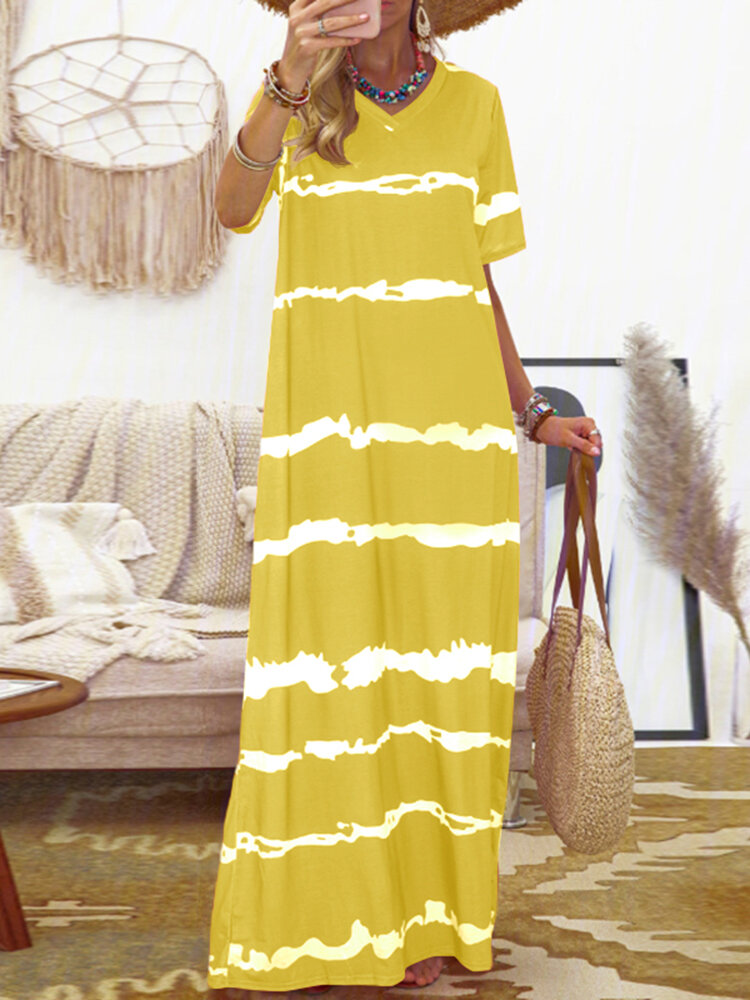 Bohemian Stripe Printed Clash Color Splicing Design V-Ausschnitt Kleid