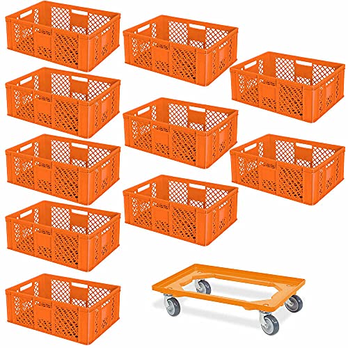 10 Eurobehälter, LxBxH 600x400x240 mm, Industriequalität, lebensmittelecht + 1 Transportroller, orange