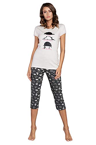 Damen Schlafanzug lang Pyjama Set | Nachtwäsche Hausanzug Langearm Rund Ausschnitt Zweiteiliger Sleepwear M007 (S, Ecru Mehrfarbig Kurz)