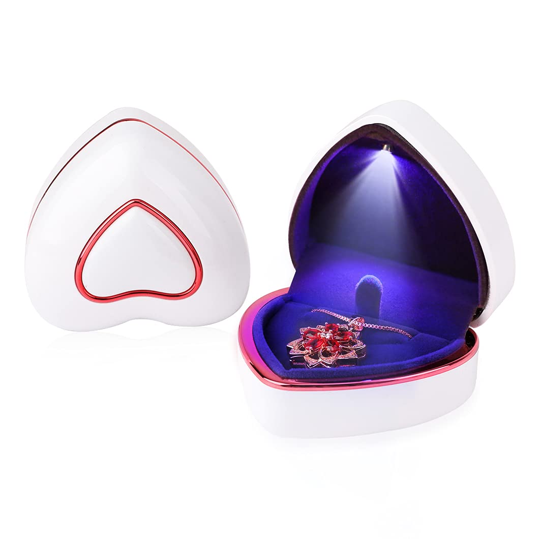 Rolin Roly Anhänger Halskette Box mit LED-Licht Herzform Box Geschenkboxen aus Samtschmuck Necklace Box Gift für Ringe Ohrringe Hochzeit Verlobun (White Heart Pendant Box)