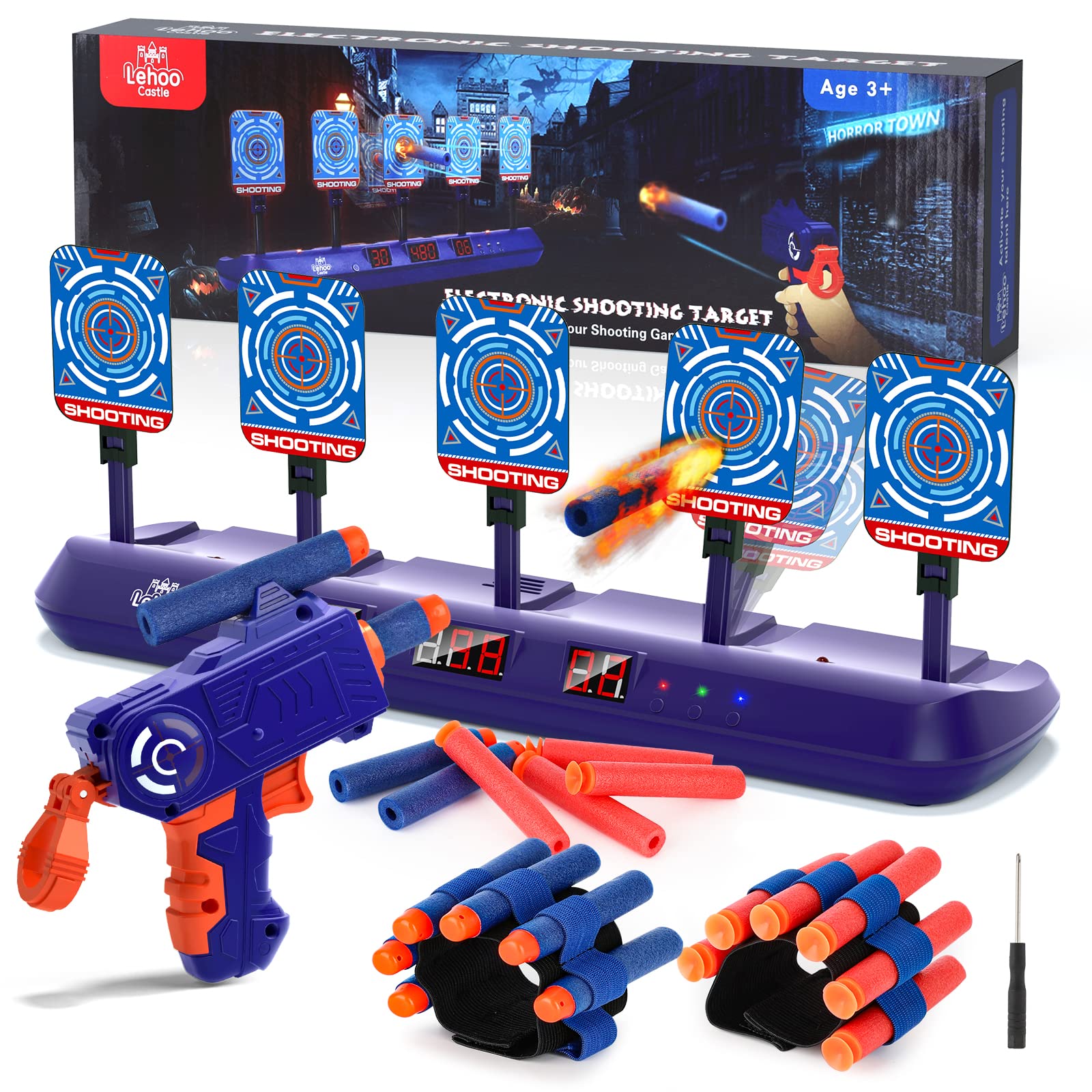 Lehoo Castle Nerf Zielscheibe, 5 Ziele Zielscheibe Elektrisch mit Spielzeugpistole, Auto-Reset Elektro-Schießscheiben mit Foam Darts Pfeile, Licht und Sounds, Geschenk für Jungen