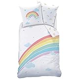 REGENBOGEN Bettwäsche Set · Mädchen-Bettwäsche · Kinderbettwäsche · Very Happy Rainbow · Wolken Sterne Herzen - Kissenbezug 80x80 + Bettbezug 135x200 cm - 100% Baumwolle