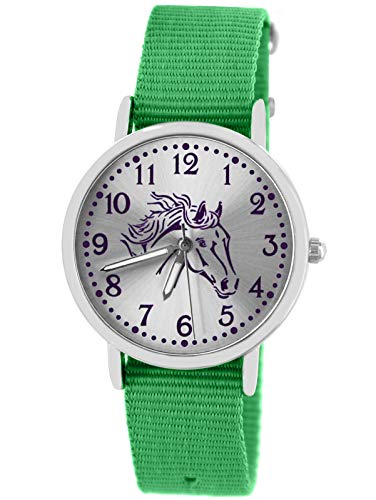 Pacific Time Mädchen Uhr Pferde analog Quarz mit Textil Wechselarmband grün 10303