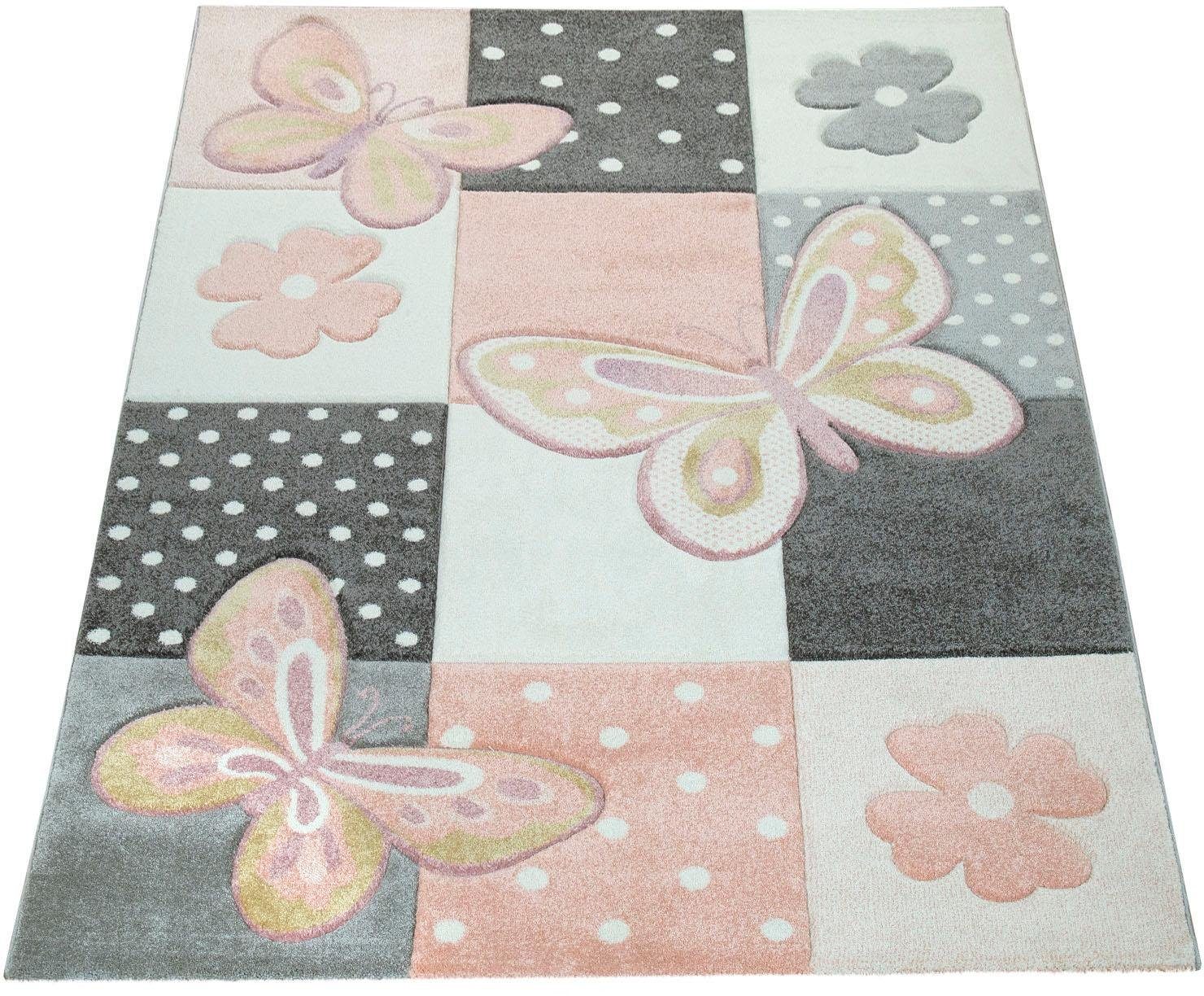 Paco Home Kinder Teppich Kinderzimmer Bunt Rosa Schmetterlinge Karo Muster Punkte Blumen, Grösse:200x290 cm