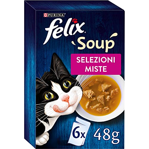 Purina Felix Soup Original Nassfutter für Katzen mit Rind, Huhn und Thunfisch, 8 Packungen mit 48 Beuteln zu je 48 g