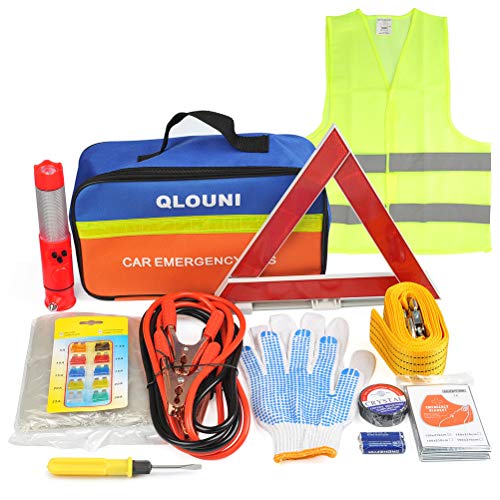 QLOUNI 12-in-1 Auto Notfall-Werkzeugset Pannenhilfe Set Auto Sicherheit Kit mit Aufbewahrungstasche Pannenwerkzeugset wie Starthilfekabel,Abschleppseil,Warndreieck, Taschenlampe,Sicherheitshammer usw.