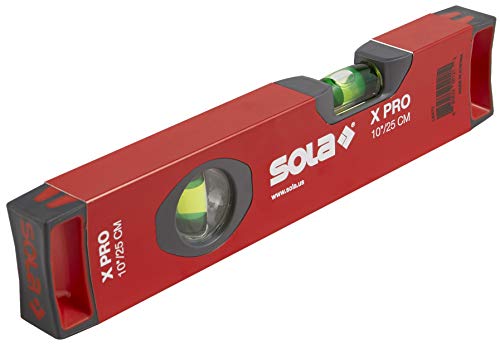 SOLA LSX10 X PRO Wasserwaage mit Aluminiumgehäuse, mit 2 60% vergrößerten Libellen 25,4 cm, Rot