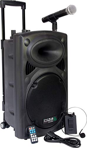 IBIZA PORT12UHF-BT MOBILE BESCHALLUNGSANLAGE 12" inkl. Mikrofon und Headset PA DJ-Anlage PA-Box Bluetooth Lautsprecher mit Fernebdienung (700W, Akku-Betrieb,USB/SD, Radio)
