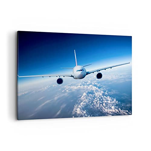 Bild auf Leinwand - Leinwandbild - Flugzeug himmel wolken flug - 100x70cm - Wand Bild - Wanddeko - Leinwanddruck - Bilder - Kunstdruck - Wanddekoration - Leinwand bilder - Wandkunst - AA100x70-2723