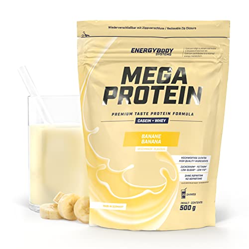 Energybody Mega Protein "Banane" 500 g / Mehrkomponenten Protein Pulver mit Casein Whey Mix als Eiweiss Protein Pulver / Eiweiß Shake ohne Aspartam/ Eiweißpulver / 20 Portionen