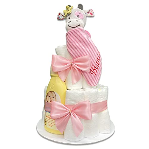 Windeltorte für Mädchen, rosa, niedlich, mit Babyhalstuch, mit Namen personalisierbar, Geschenk zur Geburt