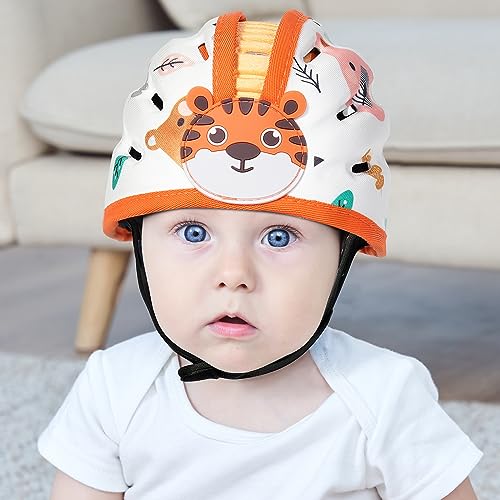 Orzbow Baby Helm mit Knieschoner,Atmungsaktiver Baby Kopfschutz zum Krabbeln und Gehen, Verstellbarer Baby Sicherheitshelm,Anti-Kollision,Ultraleicht,Hochwertige Baumwolle und EVA (Orange Tiger)