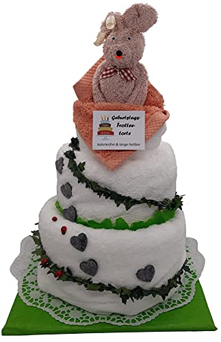Frotteebox Geschenk Set Geburtstagstorte dreistöckig in Handarbeit geformt aus Duschtuch (140x70cm), Handtuch (100x50cm) und 2X Gästetuch weiß/corall mit Bär H 35cm
