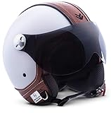 ARMOR HELMETS® AV-84 "Vintage Deluxe White" · Jet-Helm · Motorrad-Helm Roller-Helm Scooter-Helm Bobber Mofa-Helm Chopper Retro Cruiser Vintage Pilot · ECE Visier Schnellverschluss Tasche S (55-56cm)