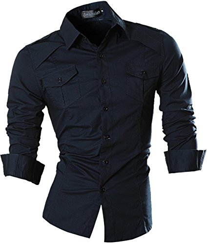 jeansian Herren Freizeit Hemden Shirt Tops Mode Langarmshirts Slim Fit 8001 Navy XL