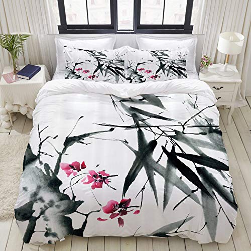 LASINSU Bedding Bettwäsche,Japanische natürliche Bambusstämme Kirschblüte Japanisch inspirierte Folk Print，Bettwäsche 240x260cm mit Kopfkissenbezug 2（50x80cm）