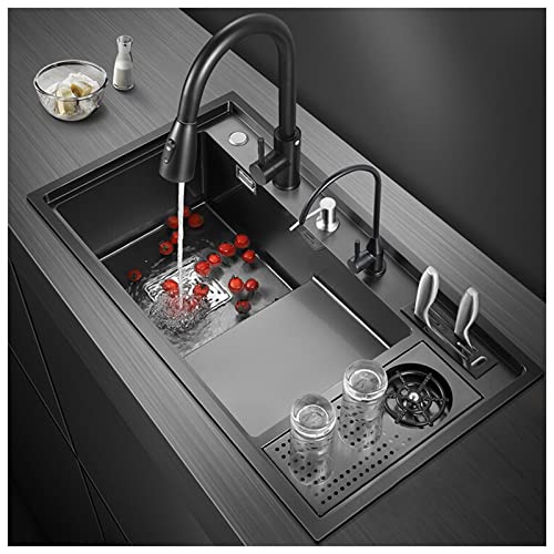 Nano-Stufenspüle 304 Edelstahl Handgefertigte Küchenspüle Multifunktionsspüle Mit Ausziehbarem Wasserhahn Top Mount Or Undermount (Color : Black-B, S : 82x46x22cm)