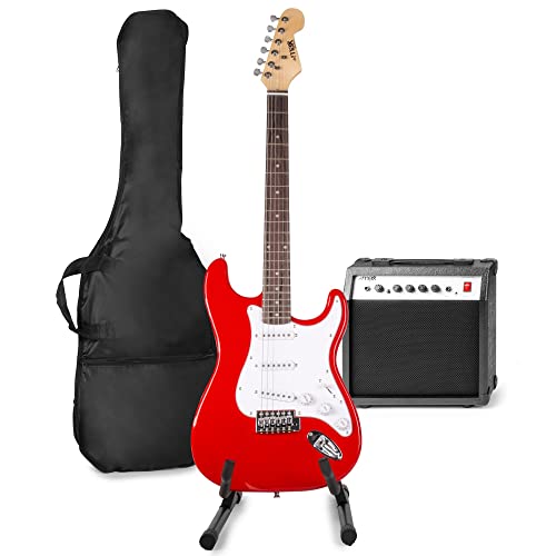 MAX GigKit E-Gitarre Set - Gitarrenverstärker 40 Watt, Gitarrenständer, Gitarrentasche, Stimmgerät, Instrumentenkabel, Gurt und Zubehör - Rot