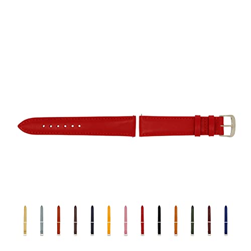 SELVA Uhren-Lederarmband, zum einfachen Wechseln, mit Naht, weiße Dornschließe, Made in Germany, Größe:18 mm, Farbe:Rot